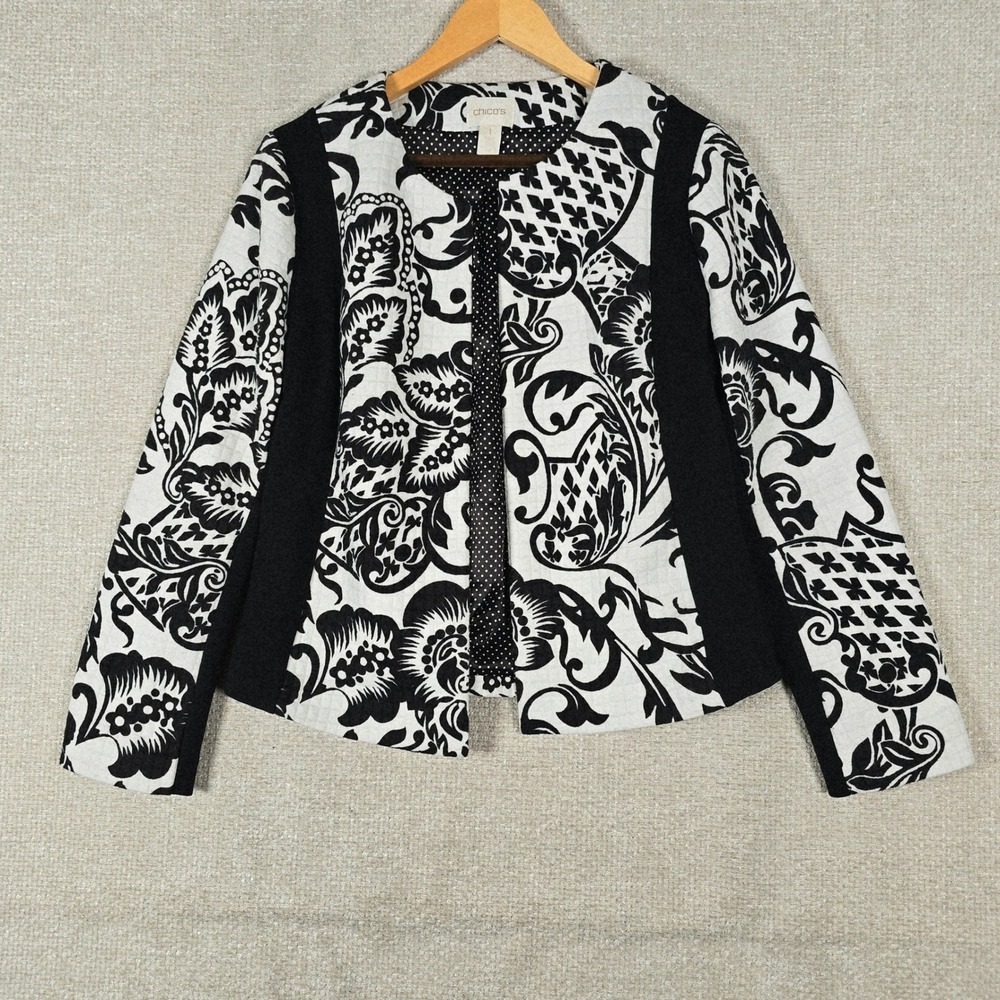 Chicos Black White Damask Quilted Open Front Jacket‎ Polka Dot Lining Size 1 M